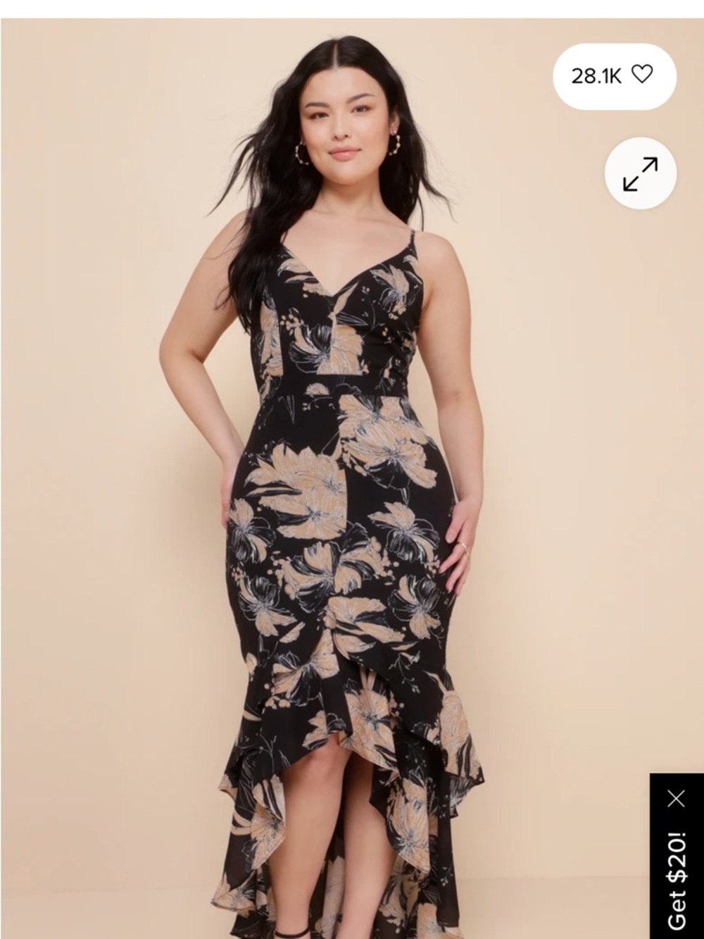 Lulu's Black Floral V-Neck High-Low Dress with Tan Blooms